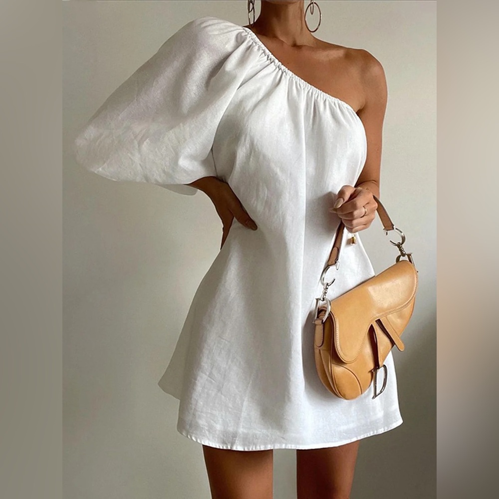Aegean Cotton Linen One Sleeve Short Dress